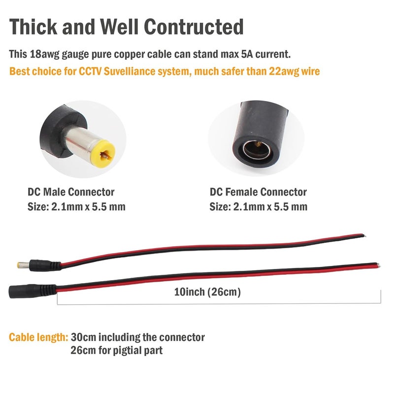 exgoofit 12V 5A DC Power Pigtail Barrel Plug Connector Cable 5 Pairs, 2.1mm x 5.5mm Male Female DC Pigtail Connectors for CCTV Security Camera and 12V Power Supply Adapter - Image 3